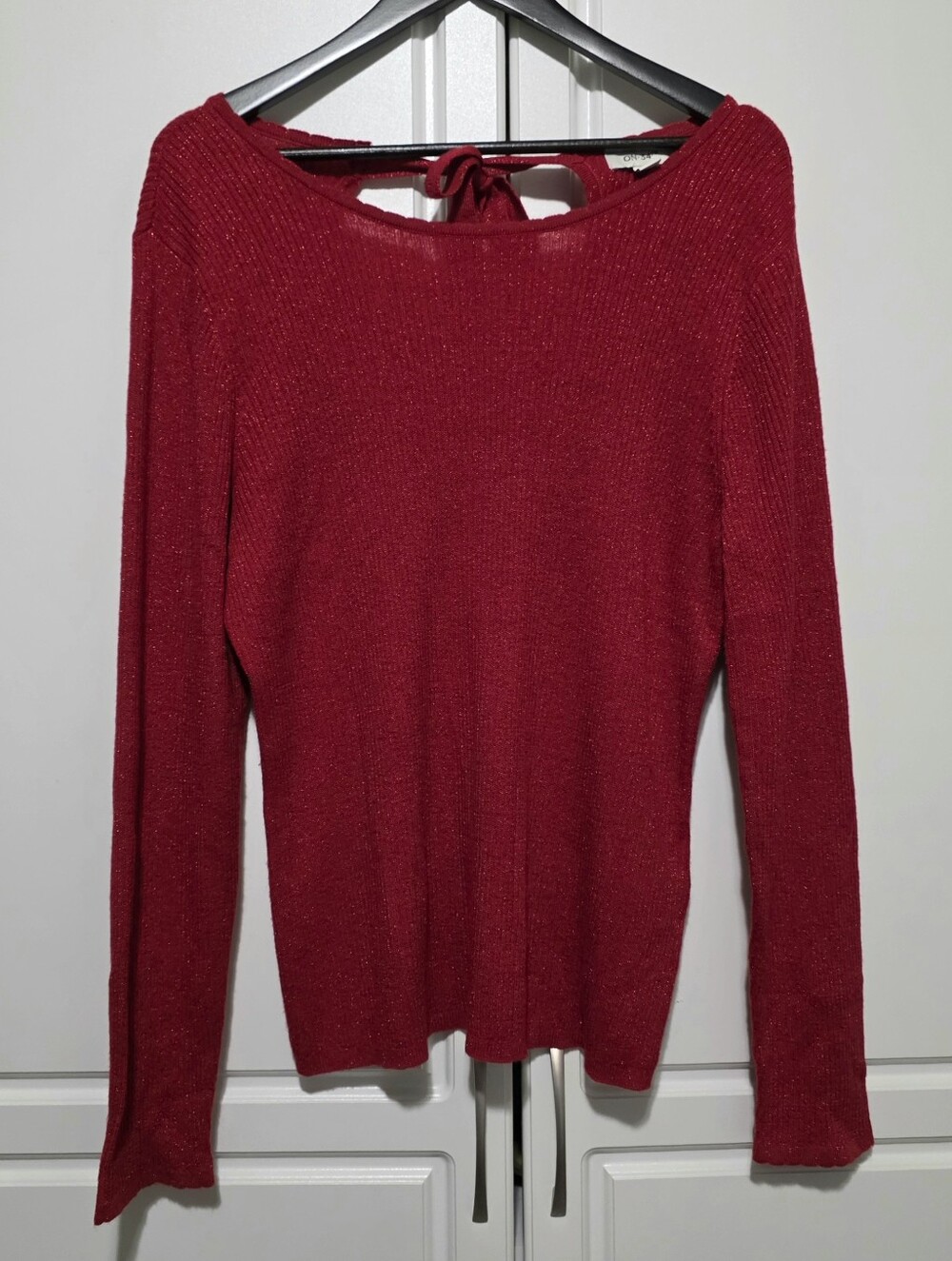 On 34th Womens Red Ribbed Knit Metallic Shimmer Sweater Pullover w Tie Open Back